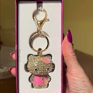 NIB Hello Kitty Rhinestone Keychain Pink Dress with Pink Flowers Sanrio